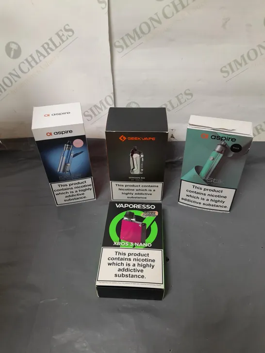 BOX OF APPROXIMATELY 20 ASSORTED E-CIGARATTES TO INCLUDE VAPORESSO, GEEKVAPE, ASPIRE ETC