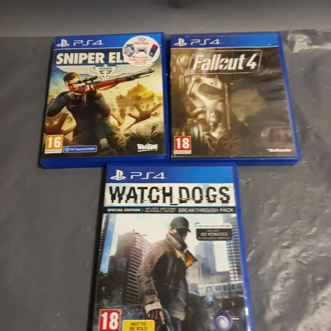 LOT OF 3 PS4 GAMES TO INCLUDE FALLOUT 4, WATCHDOGS AND SNIPER ELITE FRANCE 18+
