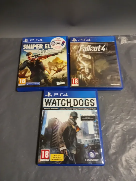 LOT OF 3 PS4 GAMES TO INCLUDE FALLOUT 4, WATCHDOGS AND SNIPER ELITE FRANCE 18+