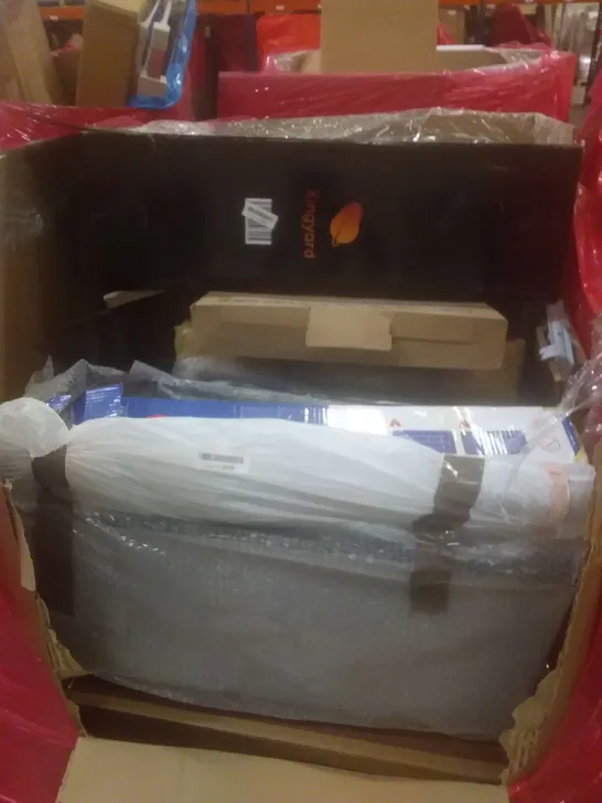 PALLET OF ASSORTED HOUSEHOLD PRODUCTS AND ITEMS, INCLUDING; LED CEILING LIGHT, RUG, BOXED FURNITURE ETC