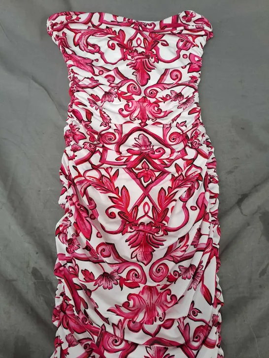 CLUB L BULIANNA OINK PORCELAIN PRINT STRAPLESS BODYCON RUCHED MIDI DRESS SIZE 6