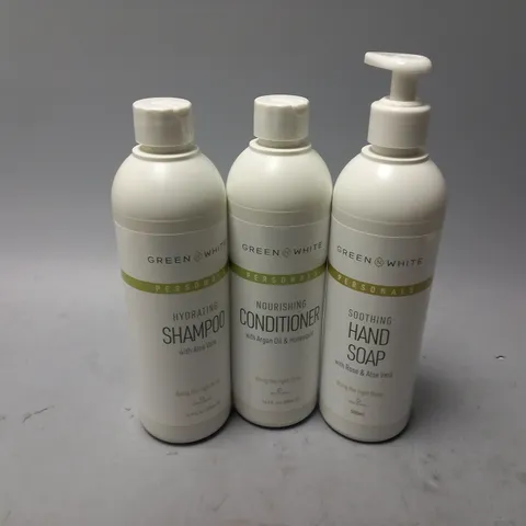 APPROXIMATELY 20 ASSORTED GREEN N WHITE PRODUCTS TO INCLUDE SHAMPOO (500ml), CONDITIONER (500ml), HAND SOAP (500ml), ETC