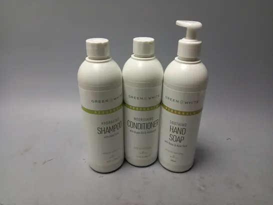 APPROXIMATELY 20 ASSORTED GREEN N WHITE PRODUCTS TO INCLUDE SHAMPOO (500ml), CONDITIONER (500ml), HAND SOAP (500ml), ETC