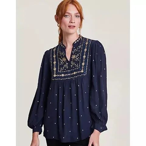 MONSOON ELEANOR EMBROIDERED TOP- NAVY SMALL