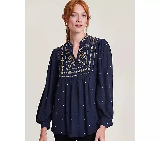 MONSOON ELEANOR EMBROIDERED TOP- NAVY SMALL