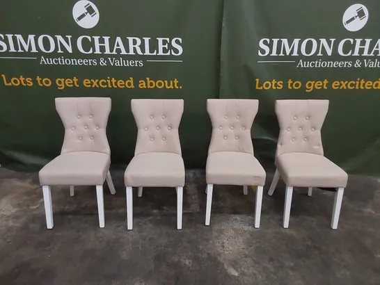 SET OF 4 BEWLEY OATMEAL FABRIC BUTTON BACK DINING CHAIRS WITH WHITE LEGS 