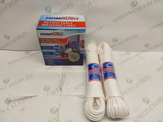 BOX OF 1X BRAND NEW HOMRUSH RETRACTABLE WASHING LINES, 2X KLEENWASH 30M CLOTHES LINE