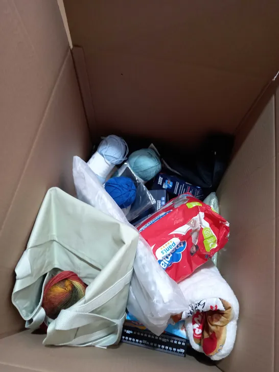 BOX OF APPROXIMATELY 20 ASSORTED ITEMS TO INCLUDE MAGNERS BOTTLE, MAMIA NAPPYS, YARN ETC