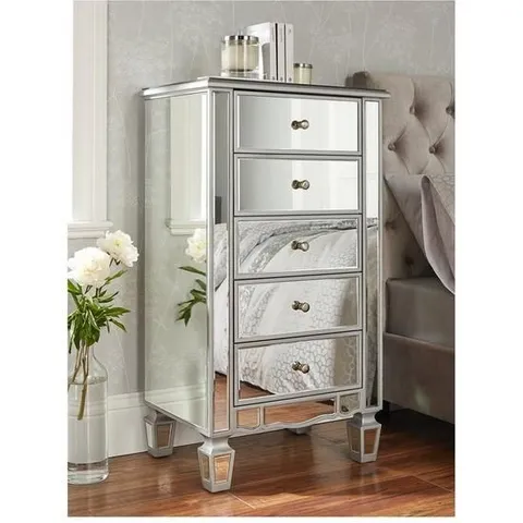 BOXED GRADE 1 MIRAGE MIRRORED TALL 5 DRAWER CHEST (1 BOX)