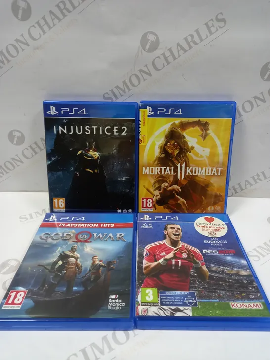 PS4 GAME COLLECTION TO INCLUDE INJUSTICE 2, MORTAL KOMBAT 11, PES 2016, GOD OF WAR