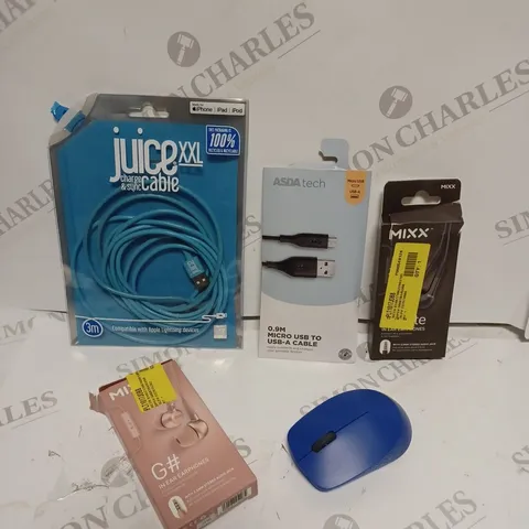 BOX OF TECH ITEMS TO INCLUDE A BLUE MOUSE, JUICE XXL CABLE, 0.9M MICRO USB TO USB-A CABLE, ECT.