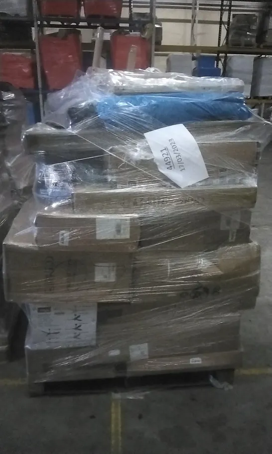 PALLET OF ASSORTED ITEMS INCLUDING STEEL LADDER, COMHOMA OFFICE CHAIR, CURVED SHOWER CURTAIN ROD, REIGA CEILING FAN