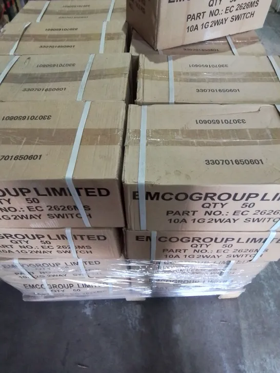 PALLET OF APPROXIMATELY 32 MULTI BOXES OF EMCO 1 GANG 2 WAY 10 AMP SWITCHES & 10A 2G 2 WAY SWITCH - COLLECTION ONLY 