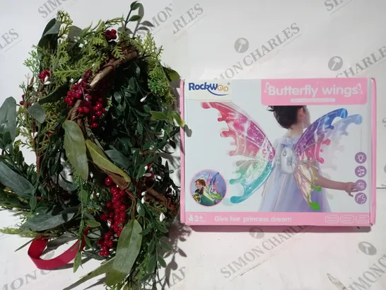 BOX OF APPROXIMATELY 5 ASSORTED HOUSEHOLD ITEMS TO INCLUDE FESTIVE DECORATIVE WREATH, ROCKWOO BUTTERFLY WINGS, ETC