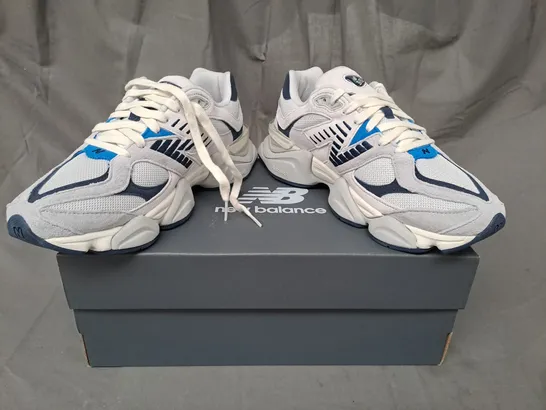 BOXED PAIR OF NEW BALANCE 9060 SHOES IN WHITE/GREY/NAVY UK SIZE 8