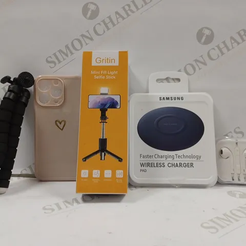 BOX OF APPROX 20 ASSORTED ITEMS TO INCLUDE - SAMSUNG FASTER WIRELESS CHARGER PAD - GRITIN MINI FILL LIGHT SELFIE STICK - IPHONE 13 PRO PINK PHONE CASE ECT 