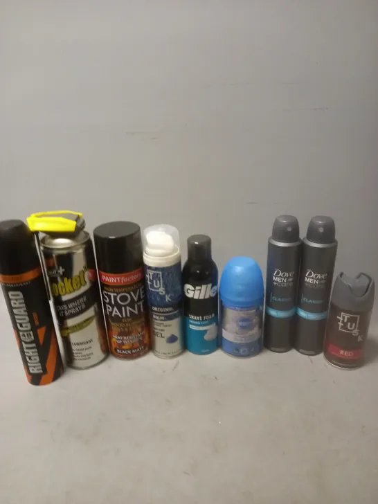 APPROXIMATELY 12 ASSORTED AEROSOLS TO INCLUDE DOVE MEN CLASSIC, GILLETTE SHAVE FOAM, AND TUSK RED ETC.