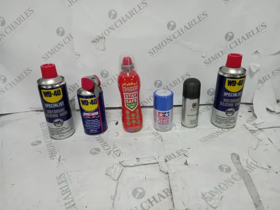 APPROXIMATELY 15 ASSORTED AEROSOLS TO INCLUDE WD-40, TAMIYA COLOUR, AND MANE SEAL AND CONTROL ETC. 