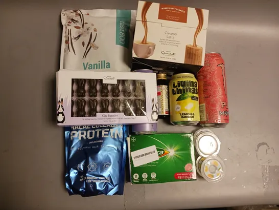 BOX OF APPROX 16 ASSORTED FOOD ITEMS TO INCLUDE - SUNNA HALAL COLLAGEN PROTEIN - RABBOT ESTATE COFFEE - THE FAST800 VANILLA MEAL REPLACEMENT