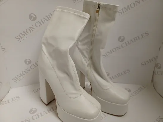 KOI VEGAN ATLIS HEELED WHITE SOCK BOOTS - SIZE 6