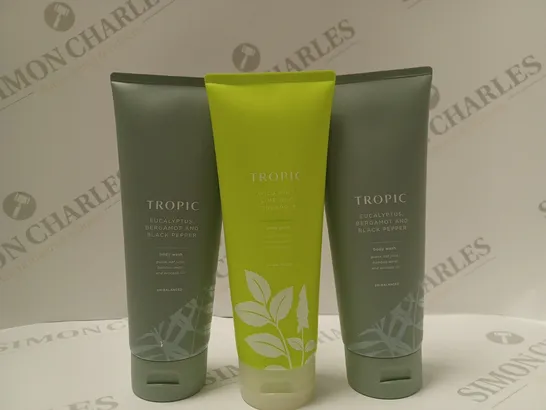 BOX OF 3 ASSORTED TROPIC BODY WASH PRODUCTS TO INCLUDE EUCALYPTUS/BERGAMOT/BLACK PEPPER & WILD MINT/LIME/PINEAPPLE