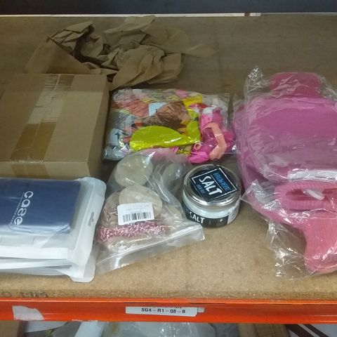 BOX OF ASSORTED HOMEWARE ITEMS TO INCLUDE HOT WATER BOTTLES, PHONE CASES, BALLOONS ETC