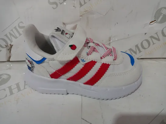 BOXED PAIR OF ADIDAS HELLO KITTY RETROPY F2 CF EL I BABY SHOES IN WHITE/RED/BLUE UK SIZE 6K