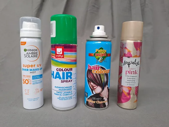 APPROXIMATELY 10 ASSORTED AEROSOL ITEMS IN INCLUDE OVER MAKE-UP MIST, COLOUR HAIR SPRAY, BODY SPRAY, ETC - COLLECTION ONLY