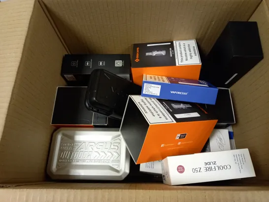 BOX OF APPROXMATELY 25 E-CIGARETTES AND LIQUIDS TO INCLUDE COOLFIRE Z50 MOD, GEEKVAPE L200 200W, VAPORE3SSO XROS2, ETC