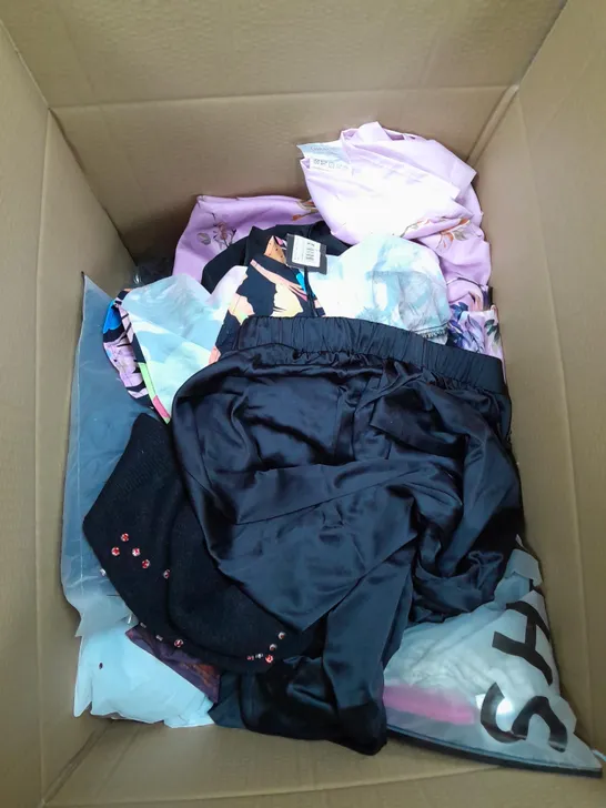 LARGE BOX OF ASSORTED CLOTHING ITEMS IN VARIOUS COLOURS AND SIZES INCLUDING TROUSERS , TOPS AND JUMPERS 