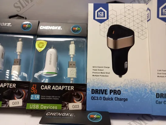 LOT OF APPROXIMATELY 6 CAR ADAPTERS OF 3 TYPES TO INCLUDE 1 ICECUBE DRIVE PRO QC3.0 QUICK CHARGE, 1 ICECUBE DRIVE CAR CHARGER 2.4A, 4 CHENGKE 2.1A CAR ADAPTERS (G03)