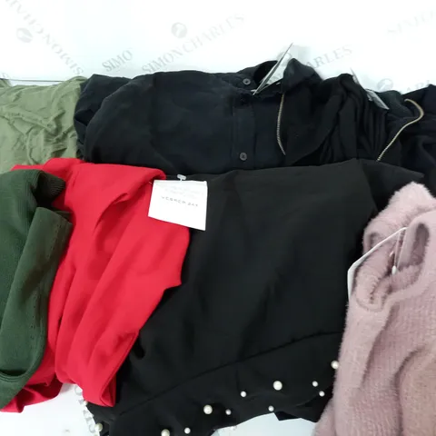 APPROXIMATELY 50 ASSORTED CLOTHING ITEMS IN VARIOUS COLOURS AND SIZES TO INCLUDE BOOHOO DRESS, BOOHOO COAT, OLIVER BONAS JUMPER 