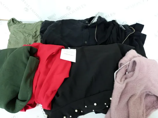 APPROXIMATELY 50 ASSORTED CLOTHING ITEMS IN VARIOUS COLOURS AND SIZES TO INCLUDE BOOHOO DRESS, BOOHOO COAT, OLIVER BONAS JUMPER 