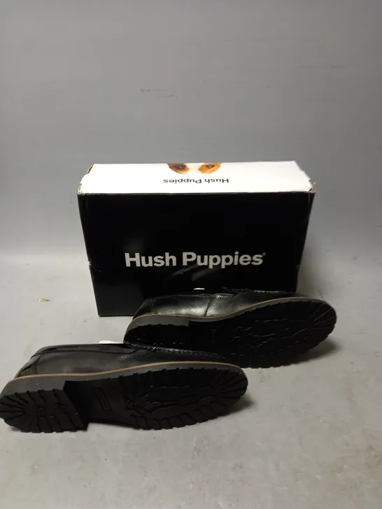 BOXED PAIR OF HUSH PUPPIES WOMENS VERITY SLIP ON BLACK LOATHERS SIZE UK 7