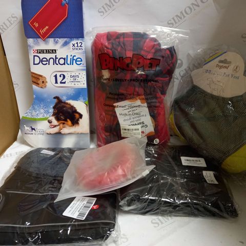 LOT OF APPROXIMATELY 15 ASSORTED DOG CARE ITEMS, TO INCLUDE JACKETS, HAMMOCKS, CHEW STICKS, ETC