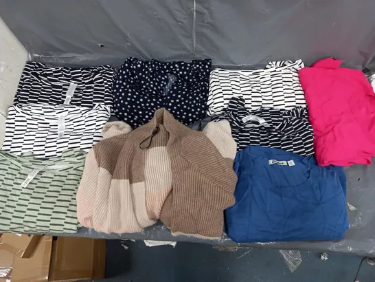 BOX OF APPROXIMATELY 15 ASSORTED PIECES OF CLOTHING IN VARIOUS STYLES, SIZES, AND BRANDS 