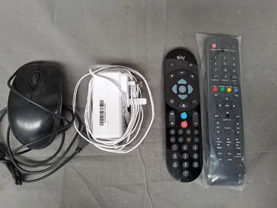 APPROXIMATELY 10 ASSORTED ELECTRICAL ITEMS TO INCLUDE LOGITECH B110 MOUSE, POWER ADAPTER, SKY REMOTE, ETC