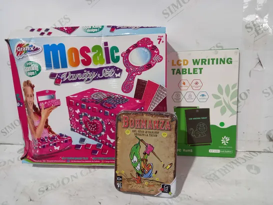 BOX OF APPROXIMATELY 20 ASSORTED TOYS AND GAMES TO INCLUDE MOSAIC VANITY SET, LCD WRITING TABLET, BOHNANZA GAME, ETC