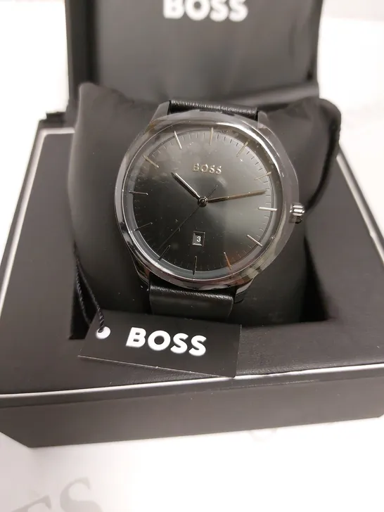 BOXED HUGO BOSS GENTS BOSS REASON BLACK LEATHER WRIST WATCH