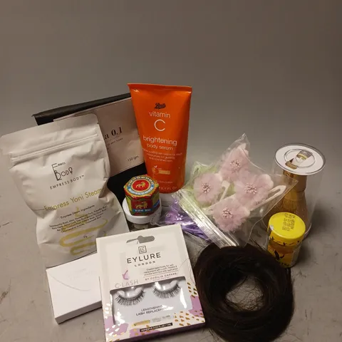 BOX OF APPROXIMATELY 12 COSMETIC ITEMS TO INCLUDE - EMPRESS BODY YONI STEAM - EYLURE FALSE LASHES - AGE LOC GALVANIC SPA FACIAL GELS - ETC