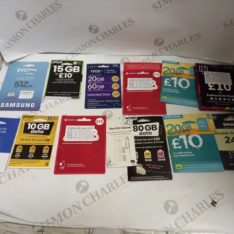 LOT OF LARGE QUANTITY OF MOBILE SIM CARDS AND TOP UPS OF VARYING AMOUNTS AND SIZES FROM PROVIDERS SUCH AS GIFFGAFF, TESCO MOBILE, VODAFONE, ETC