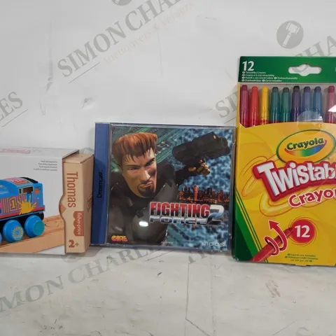 BOX OF APPROXIMATELY 20 ASSORTED TOYS AND GAMES TO INCLUDE CRAYOLA TWISTABLES CRAYONS, SEGA DREAMCAST FIGHTING FORCE 2 GAME, FISHER-PRICE DAY OUT WITH THOMAS 2023, ETC