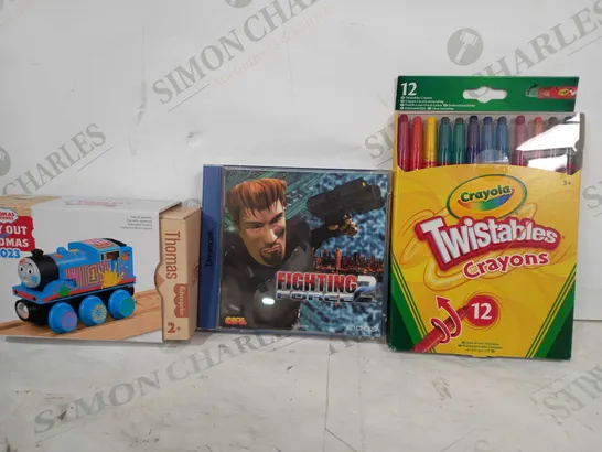 BOX OF APPROXIMATELY 20 ASSORTED TOYS AND GAMES TO INCLUDE CRAYOLA TWISTABLES CRAYONS, SEGA DREAMCAST FIGHTING FORCE 2 GAME, FISHER-PRICE DAY OUT WITH THOMAS 2023, ETC