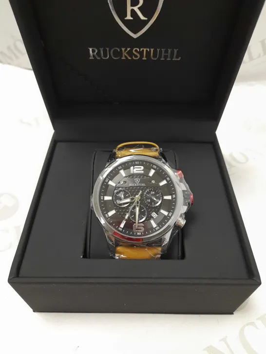 RUCKSTUHL TRIPLE DIAL BROWN LEATHER STRAP WRISTWATCH