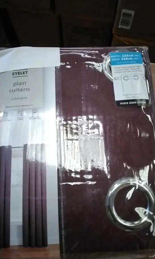 BOX OF 4 BRAND NEW EYELET PLAIN CURTAINS AUBERGINE 228 X 228CM