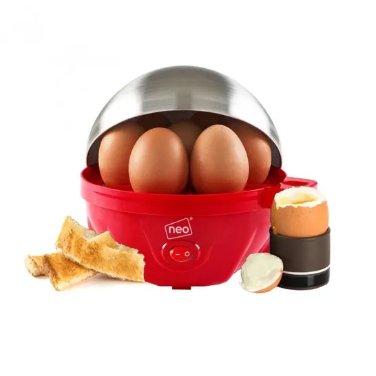 BOXED NEO STAINLESS STEEL ELECTRIC EGG BOILER POACHER AND STEAMER - RED (1 BOX)