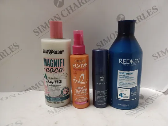 APPROXIMATELY 4 COSMETICS PRODUCTS TO INCLUDE REDKEN EXTREME CONDITIONER (500ml), MONAT INTENSE REPAIR TREATMENT (74ml), LOREAL ELVIVE DREAM LNEGTH HEAT SPRAY (150ml), ETC