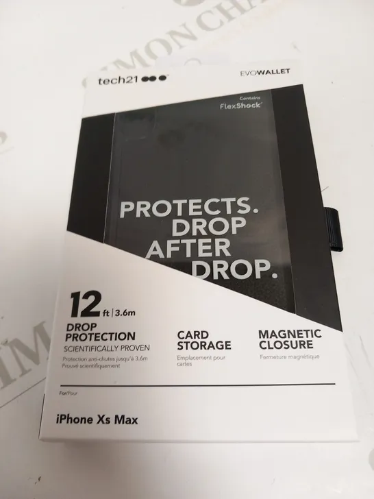 APPROXIMATELY 10 BRAND NEW TECH 21 EVO WALLET CONTAINS FLEX SHOCK 12FT/3.6M DROP PROTECTION, CARD STORAGE AND MAGNETIC CLOSURE FOR IPHONE XS MAX