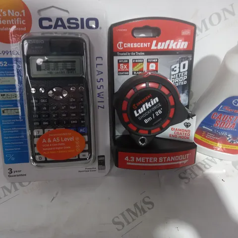 LOT OF ASSORTED ITEMS TO INCLUDE CASIO CALCULATOR , LUFIN TAP , CAUSTIC SODA