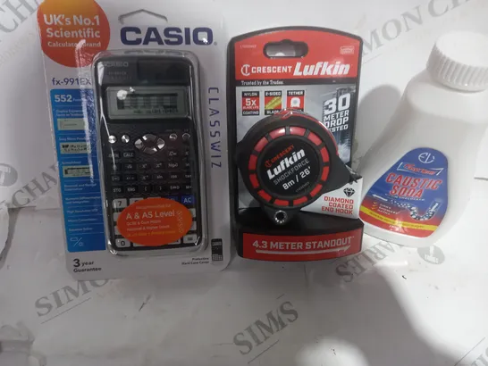 LOT OF ASSORTED ITEMS TO INCLUDE CASIO CALCULATOR , LUFIN TAP , CAUSTIC SODA